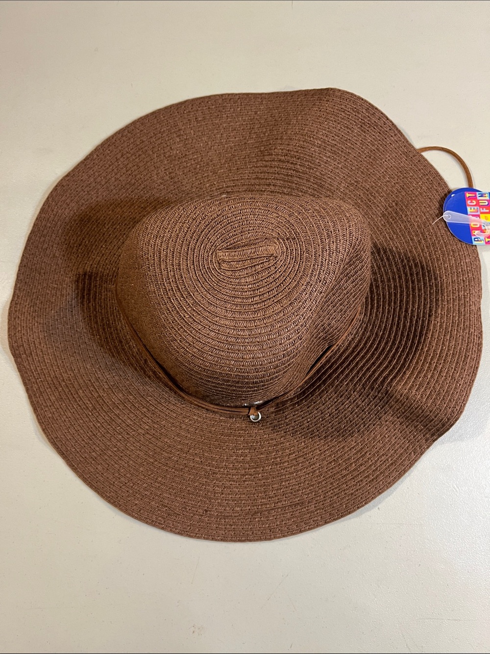 Wide Brim Straw Sun Hat in Brown with Adjustable Chin Cord